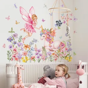 Autocollant Mural Fée Licorne Fleur Papillon Chambre d'Enfant Décoration Auto-adhésif
