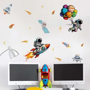 Cute space wall stickers featuring astronauts, planets, and rockets for kids bedroom decor.
