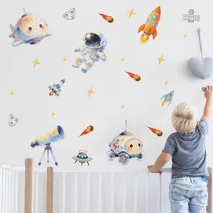 Kids space wall stickers watercolor astronaut rocket planet mural for children bedroom decor