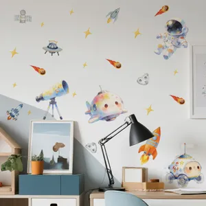 Watercolor space wall stickers cartoon astronaut rocket stars wall decals for kids bedroom