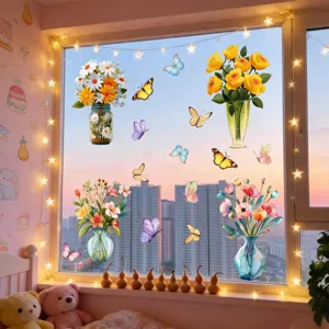 Colorful floral and butterfly static window stickers, double-sided glass decals for home decor.