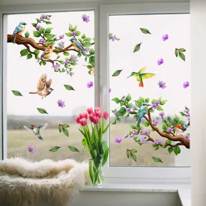 Stickers pour fenêtres statiques avec oiseaux branches d'arbres et fleurs amovibles décor