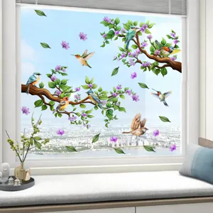 Oiseau Branche Fleur Stickers Fenêtre Statiques PVC Visible Double Face Sans Colle Amovibles Décalcomanies en Verre Papillons Floral Décoration Fenêtre Maison Bureau
