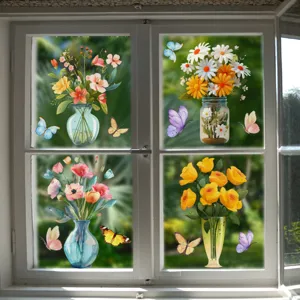 Detailed view of colorful floral butterfly window static stickers, removable glass decals.