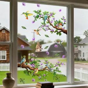 Film pour vitrage décoratif avec oiseaux et branches de fleurs, électrostatique et amovible.