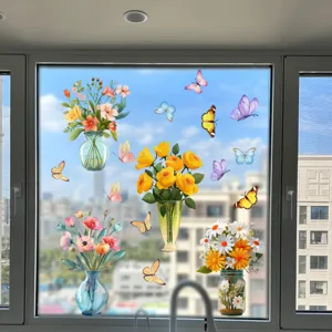 Floral butterfly static window sticker, double-sided glass decal for home and shop window.