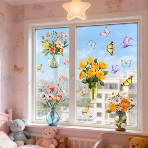Colorful flower and butterfly static window stickers, double-sided glass decals for home.
