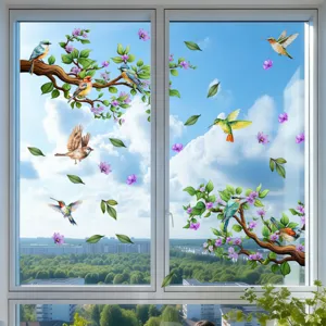 Stickers pour fenetres statiques avec motifs d'oiseaux et de fleurs pour belle vitre.