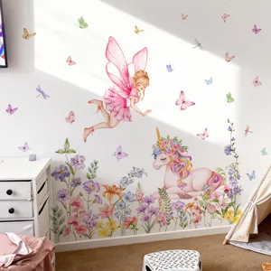 Sticker Mural Fée Licorne Fleur Papillon Aquarelle Chambre Enfant Home Decor PVC Décalcomanies Murales Autocollantes Décoration