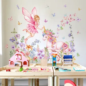 Sticker mural fée licorne chambre d'enfant, adhésif floral papillon décoration murale.