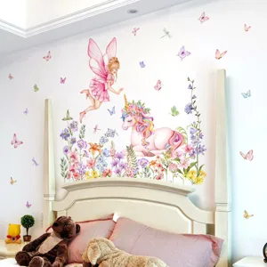 Adhésif mural fée et licorne aquarelle avec fleurs pour décoration chambre d'enfant.