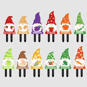 Detail view of 12 assorted PVC garden gnome plant markers featuring cute vegetable designs.