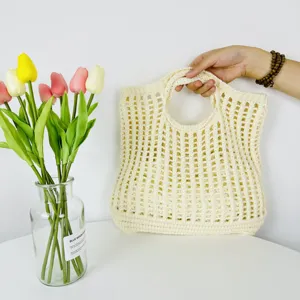 Sac cabas en tricot beige pour femme, sac de plage au crochet, sac décontracté tendance.
