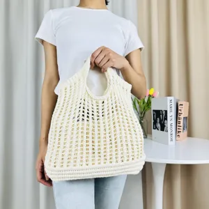Sac Fourre-tout en Tricot Ajouré pour Femmes Sac de Plage au Crochet Tissé à la Main Sac à Bandoulière Décontracté Grande Capacité Sac à Main en Polyester de Couleur Unie