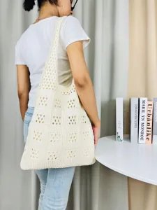 Vintage Strick Ausschnitt Einkaufstasche Große Kapazität Damen Schulter Strandtasche Retro Gewebte Häkeltasche Lässige Shopper Tasche
