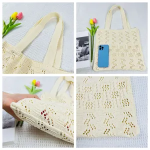 Lässige minimalistische beige Strick-Tote-Bag für Damen, hohle gewebte Strand-Schultertasche.