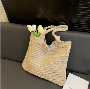 Borsa shopper in maglia beige borsa a spalla retrò borsa a mano casual di grande capacità