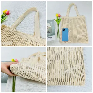 Detailed view of women's beige knit hollow-out shoulder tote bag with spacious capacity.