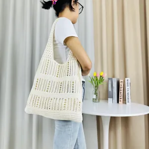 Beigefarbene gehäkelte Lochmuster Schultertasche lässige große Strand Shopper Tasche