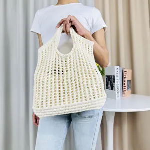 Sac cabas ajouré en tricot de couleur unie, sac à main tissé de plage décontracté.