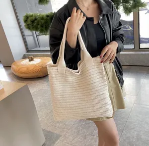 Borsa tote in maglia beige da donna, grande capacità borsa a spalla casual.