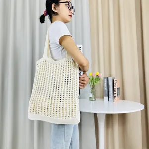 Beige gestrickte hohle Tragetasche stylische Freizeit Schultertasche Damen Strandtasche