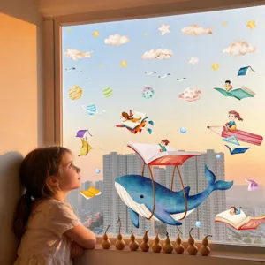 Pegatinas de ventana estáticas creativas para niños, diseño de ballena y estrellas.