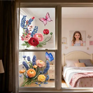 Detailed scene view of colorful floral and butterfly window stickers on glass. Perfect decor.