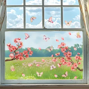 Autocollant statique pour fenêtres fleurs de cerisier et papillons, décoration en verre.