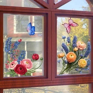Detailed view of colorful floral butterfly static window stickers for home and showcase decor.