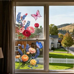 Detailed view of colorful floral and butterfly static window stickers on glass for home decor.