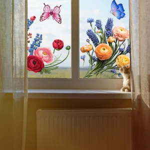 Close-up detail of colorful floral and butterfly window static cling sticker on glass pane.