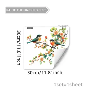 Statique autocollant de fenêtre avec oiseaux et branches fleuries, amovible et réutilisable.
