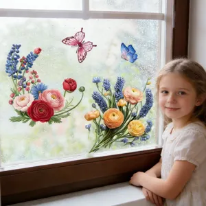 Colorful floral butterfly window sticker static cling glass decal for home decor and showcase.