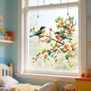 Stickers pour fenêtres avec oiseaux et branches florales, idéaux pour décorer et faciles à enlever.