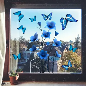 Blue flower butterfly window sticker static glass cling for home decor double side view.