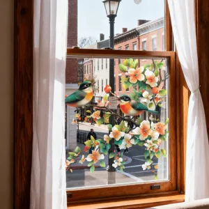 Film pour fenêtres statique avec motif d'oiseaux et branches de fleurs, autocollant en verre.