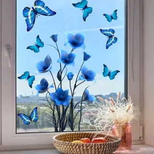 Blue butterfly flower window sticker detail showing vivid floral design on glass surface.