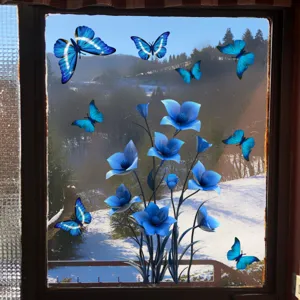 Blue floral and butterfly electrostatic window sticker for glass decor, double-sided viewable.