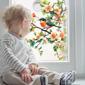 Sticker pour fenêtre statique avec branches d'arbres, fleurs et oiseaux pour la maison.