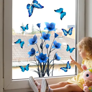 Blue flowers and butterflies static window stickers, double-sided visible glass decals for home.