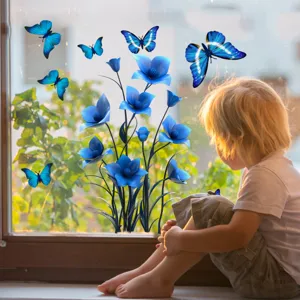 Detail view of blue flowers and butterflies static window sticker for glass decal showcase.