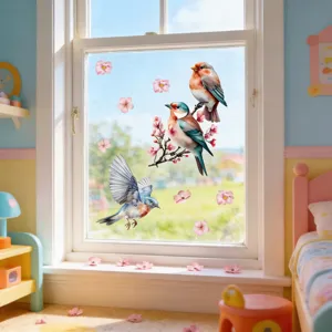 Détail de sticker pour fenêtre oiseau et fleur avec adhésif statique transparent en pièce.