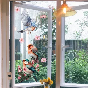 Vue détaillée de stickers de fenêtre électrostatiques avec motifs d'oiseaux et de fleurs.