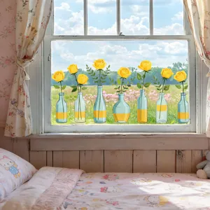 Yellow rose glass window sticker static cling floral home decor removable showcase decal