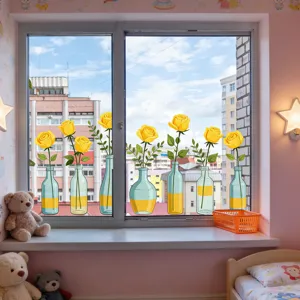 Yellow rose glass window sticker detail showing decorative vase and floral design for home.