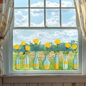 Detailed view of yellow rose vase window stickers, electrostatic glass clings for home decor.