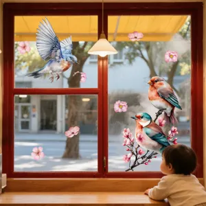 Stickers pour fenêtres électrostatiques avec de beaux oiseaux et branches de fleurs.