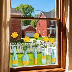 Window glass sticker featuring yellow roses in glass vases, perfect for home window decor.