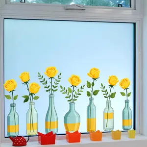 Static window sticker glass cling yellow rose flower vase design removable window decor